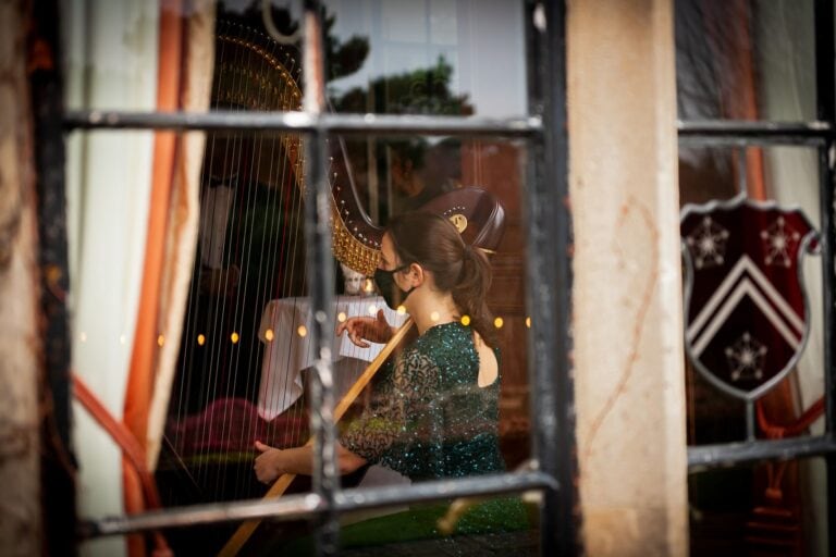 Looking through a window to a Harpist