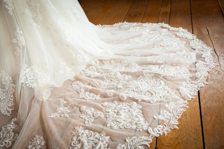 Lace wedding dress train detail