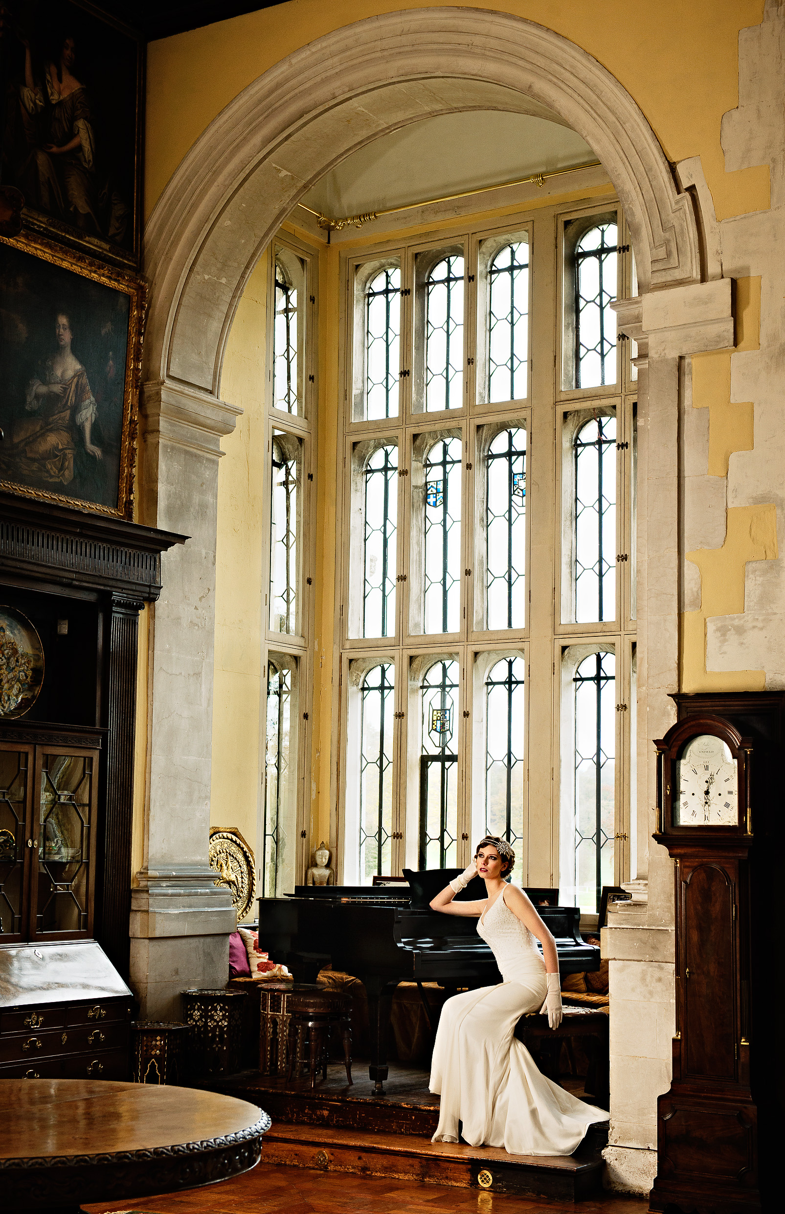 Great Gatsby Inspired shoot Bride posing by Piano