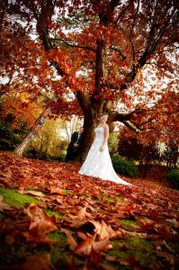 Bride and groom in the Autumn leaves at Woodlands Hotel