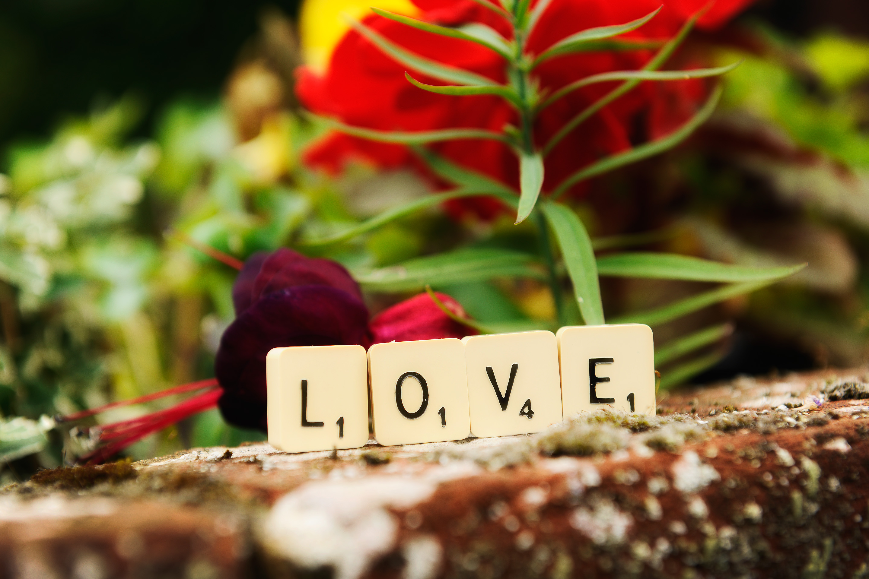 Scrabble tiles spelling love for a wedding