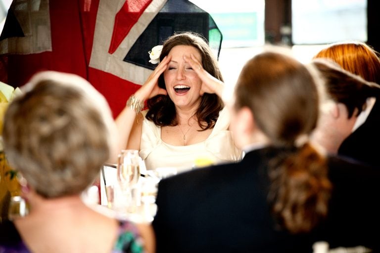 Embarrassed bride during speeches at Tetbury