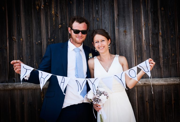 Bride and Groom at Mellow Farm Barn, Dockenfield